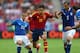GDANSK, POLAND - JUNE 10: Jesus Navas (C) of Spain cuts between Sebastian Giovinco (L) and Thiago Motta (R) of Italy during the UEFA EURO 2012 group C match between Spain and Italy at The Municipal Stadium on June 10, 2012 in Gdansk, Poland. (Photo by Michael Steele/Getty Images)