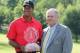 DUBLIN, OH - JUNE 03: Tournament founder Jack Nicklaus poses with Tiger Woods after Tiger's two-stroke victory at the Memorial Tournament presented by Nationwide Insurance at Muirfield Village Golf Club on June 3, 2012 in Dublin, Ohio. (Photo by Scott Halleran/Getty Images)