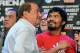 LAS VEGAS, NV - JUNE 08: Boxer Manny Pacquiao (C) and boxing promoter Bob Arum are interviewed during the official weigh-in at the MGM Grand Garden Arena on June 8, 2012 in Las Vegas, Nevada. Pacquiao will defend his WBO welterweight title against Timothy Bradley on June 9 in Las Vegas. (Photo by Kevork Djansezian/Getty Images)