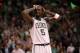 BOSTON, MA - JUNE 07: Kevin Garnett #5 of the Boston Celtics reacts in the second half against the Miami Heat in Game Six of the Eastern Conference Finals in the 2012 NBA Playoffs on June 7, 2012 at TD Garden in Boston, Massachusetts. NOTE TO USER: User expressly acknowledges and agrees that, by downloading and or using this photograph, User is consenting to the terms and conditions of the Getty Images License Agreement. (Photo by Jim Rogash/Getty Images)