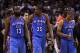SAN ANTONIO, TX - MAY 27: (L-R) James Harden #13, Kevin Durant #35 and Russell Westbrook #0 of the Oklahoma City Thunder walk off the court after losing 101-98 to the San Antonio Spurs in Game One of the Western Conference Finals of the 2012 NBA Playoffs at AT&T Center on May 27, 2012 in San Antonio, Texas. NOTE TO USER: User expressly acknowledges and agrees that, by downloading and or using this photograph, user is consenting to the terms and conditions of the Getty Images License Agreement. (Photo by Ronald Martinez/Getty Images)