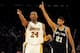 LOS ANGELES, CA - JANUARY 25: Tim Duncan #21 of the San Antonio Spurs reacts to a foul next to Kobe Bryant #24 of the Los Angeles Lakers during the forth quarter at the Staples Center on January 25, 2009 in Los Angeles, California. The Lakers defeated the Spurs 99-85. NOTE TO USER: User expressly acknowledges and agrees that, by downloading and/or using this photograph, User is consenting to the terms and conditions of the Getty Images License Agreement. (Photo by Harry How/Getty Images)