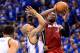 OKLAHOMA CITY, OK - JUNE 12: Dwyane Wade #3 of the Miami Heat goes up for a shot over Derek Fisher #37 of the Oklahoma City Thunder in the second half in Game One of the 2012 NBA Finals at Chesapeake Energy Arena on June 12, 2012 in Oklahoma City, Oklahoma. NOTE TO USER: User expressly acknowledges and agrees that, by downloading and or using this photograph, User is consenting to the terms and conditions of the Getty Images License Agreement. (Photo by Ronald Martinez/Getty Images)