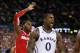 NEW ORLEANS, LA - MARCH 31: Thomas Robinson #0 of the Kansas Jayhawks reacts in the second half while taking on the Ohio State Buckeyes during the National Semifinal game of the 2012 NCAA Division I Men's Basketball Championship at the Mercedes-Benz Superdome on March 31, 2012 in New Orleans, Louisiana. (Photo by Jeff Gross/Getty Images)