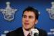 NEWARK, NJ - MAY 21: Zach Parise #9 of the New Jersey Devils speaks to the media after they defeated the New York Rangers 4 to 1 Game Four of the Eastern Conference Final during the 2012 NHL Stanley Cup Playoffs at the Prudential Center on May 21, 2012 in Newark, New Jersey. (Photo by Bruce Bennett/Getty Images)