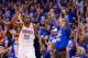 OKLAHOMA CITY, OK - JUNE 12: Kevin Durant #35 of the Oklahoma City Thunder reacts after making a shot in the second half in Game One of the 2012 NBA Finals at Chesapeake Energy Arena on June 12, 2012 in Oklahoma City, Oklahoma. NOTE TO USER: User expressly acknowledges and agrees that, by downloading and or using this photograph, User is consenting to the terms and conditions of the Getty Images License Agreement. (Photo by Ronald Martinez/Getty Images)