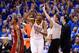 OKLAHOMA CITY, OK - JUNE 12: Kevin Durant #35 of the Oklahoma City Thunder reacts after making a shot in the second half in Game One of the 2012 NBA Finals at Chesapeake Energy Arena on June 12, 2012 in Oklahoma City, Oklahoma. NOTE TO USER: User expressly acknowledges and agrees that, by downloading and or using this photograph, User is consenting to the terms and conditions of the Getty Images License Agreement. (Photo by Ronald Martinez/Getty Images)