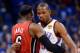 OKLAHOMA CITY, OK - JUNE 12: LeBron James #6 of the Miami Heat hugs Kevin Durant #35 of the Oklahoma City Thunder before the start of Game One of the 2012 NBA Finals at Chesapeake Energy Arena on June 12, 2012 in Oklahoma City, Oklahoma. NOTE TO USER: User expressly acknowledges and agrees that, by downloading and or using this photograph, User is consenting to the terms and conditions of the Getty Images License Agreement. (Photo by Ronald Martinez/Getty Images)
