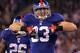 EAST RUTHERFORD, NJ - DECEMBER 04: Chase Blackburn of the New York Giants celebrates after he caught an interception in the second quarter against the Green Bay Packers at MetLife Stadium on December 4, 2011 in East Rutherford, New Jersey. (Photo by Nick Laham/Getty Images)