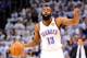 OKLAHOMA CITY, OK - JUNE 14: James Harden #13 of the Oklahoma City Thunder calls out in the first half with the ball against the Miami Heat in Game Two of the 2012 NBA Finals at Chesapeake Energy Arena on June 14, 2012 in Oklahoma City, Oklahoma. NOTE TO USER: User expressly acknowledges and agrees that, by downloading and or using this photograph, User is consenting to the terms and conditions of the Getty Images License Agreement. (Photo by Ronald Martinez/Getty Images)