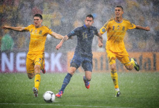 Ukraine vs. France was delayed due to a heavy, prolonged downpour.