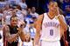 OKLAHOMA CITY, OK - JUNE 14: Mario Chalmers #15 of the Miami Heat reacts behind Russell Westbrook #0 of the Oklahoma City Thunder in the fourth quarter in Game Two of the 2012 NBA Finals at Chesapeake Energy Arena on June 14, 2012 in Oklahoma City, Oklahoma. NOTE TO USER: User expressly acknowledges and agrees that, by downloading and or using this photograph, User is consenting to the terms and conditions of the Getty Images License Agreement. (Photo by Ronald Martinez/Getty Images)