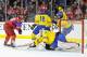 CALGARY, CANADA - JANUARY 5: Johan Gustafsson #30 of Team Sweden stops the puck in front of Nail Yakupov #10 of Team Russia during the 2012 World Junior Hockey Championship Gold Medal game at the Scotiabank Saddledome on January 5, 2012 in Calgary, Alberta, Canada. (Photo by Richard Wolowicz/Getty Images)