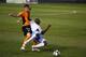The Los Angeles Blues' Bright Dike (center) was instrumental in sweeping the Dayton Dutch Lions. (photo courtesy LABluesProSoccer.com)