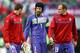 WROCLAW, POLAND - JUNE 12: (L-R) Jan Lastuvka, Petr Cech and Jaroslav Plasil of Czech Republic at the final whistle during the UEFA EURO 2012 group A match between Greece and Czech Republic at The Municipal Stadium on June 12, 2012 in Wroclaw, Poland (Photo by Clive Mason/Getty Images)