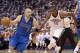 OKLAHOMA CITY, OK - APRIL 30: Jason Kidd #2 of the Dallas Mavericks drives as Kevin Durant #35 of the Oklahoma City Thunder follows in Game Two of the Western Conference Quarterfinals in the 2012 NBA Playoffs on April 30, 2012 at the Chesapeake Energy Arena in Oklahoma City, Oklahoma. Oklahoma City defeated Dallas 102-99. NOTE TO USER: User expressly acknowledges and agrees that, by downloading and or using the photograph, User is consenting to the terms and conditions of the Getty Images License Agreement. (Photo by Brett Deering/Getty Images)