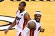 MIAMI, FL - JUNE 19: Dwyane Wade #3 and LeBron James #6 of the Miami Heat react as they run back up court in the second half against the Oklahoma City Thunder in Game Four of the 2012 NBA Finals on June 19, 2012 at American Airlines Arena in Miami, Florida. NOTE TO USER: User expressly acknowledges and agrees that, by downloading and or using this photograph, User is consenting to the terms and conditions of the Getty Images License Agreement. (Photo by Ronald Martinez/Getty Images)