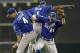 HOUSTON, TX - JUNE 20: Alex Gordon #4 of the Kansas City Royals, Jeff Francoeur #21 of the Kansas City Royals and Jarrod Dyson #1 of the Kansas City Royals celebrate after the final out at Minute Maid Park on June 20, 2012 in Houston, Texas. Kansas City defeats Houston 2-1. (Photo by Bob Levey/Getty Images)