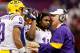 NEW ORLEANS, LA - JANUARY 09: Head coach Les Miles of the Louisiana State University Tigers talks with Jordan Jefferson #9 on from the sidelines against the Alabama Crimson Tide during the 2012 Allstate BCS National Championship Game at Mercedes-Benz Superdome on January 9, 2012 in New Orleans, Louisiana. (Photo by Chris Graythen/Getty Images)