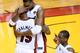 MIAMI, FL - JUNE 19: (L-R) Mario Chalmers #15, Chris Bosh #1 and Dwyane Wade #3 of the Miami Heat celebrate after they won 104-98 against the Oklahoma City Thunder in Game Four of the 2012 NBA Finals on June 19, 2012 at American Airlines Arena in Miami, Florida. NOTE TO USER: User expressly acknowledges and agrees that, by downloading and or using this photograph, User is consenting to the terms and conditions of the Getty Images License Agreement. (Photo by Ronald Martinez/Getty Images)