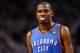 MIAMI, FL - JUNE 19: Kevin Durant #35 of the Oklahoma City Thunder looks on against the Miami Heat in Game Four of the 2012 NBA Finals on June 19, 2012 at American Airlines Arena in Miami, Florida. NOTE TO USER: User expressly acknowledges and agrees that, by downloading and or using this photograph, User is consenting to the terms and conditions of the Getty Images License Agreement. (Photo by Mike Ehrmann/Getty Images)