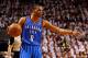 MIAMI, FL - JUNE 19: Russell Westbrook #0 of the Oklahoma City Thunder directs the offense in the second half against the Miami Heat in Game Four of the 2012 NBA Finals on June 19, 2012 at American Airlines Arena in Miami, Florida. NOTE TO USER: User expressly acknowledges and agrees that, by downloading and or using this photograph, User is consenting to the terms and conditions of the Getty Images License Agreement. (Photo by Mike Ehrmann/Getty Images)