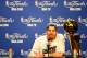 MIAMI, FL - JUNE 21: Mike Miller #13 of the Miami Heat smiles during his post game press conference next to the Larry O'Brien FInals Championship trophy after they won 121-106 against the Oklahoma City Thunder in Game Five of the 2012 NBA Finals on June 21, 2012 at American Airlines Arena in Miami, Florida. NOTE TO USER: User expressly acknowledges and agrees that, by downloading and or using this photograph, User is consenting to the terms and conditions of the Getty Images License Agreement. (Photo by Ronald Martinez/Getty Images)