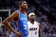 MIAMI, FL - JUNE 21: Kevin Durant #35 of the Oklahoma City Thunder and LeBron James #6 of the Miami Heat look on in the first quarter of Game Five of the 2012 NBA Finals on June 21, 2012 at American Airlines Arena in Miami, Florida. NOTE TO USER: User expressly acknowledges and agrees that, by downloading and or using this photograph, User is consenting to the terms and conditions of the Getty Images License Agreement. (Photo by Ronald Martinez/Getty Images)