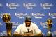 MIAMI, FL - JUNE 21: LeBron James #6 of the Miami Heat answers questions from the media next to the Larry O'Brien Finals Championship trophy and James' Bill Russell Finals MVP trophy during his post game press conference after they won 121-106 against the Oklahoma City Thunder in Game Five of the 2012 NBA Finals on June 21, 2012 at American Airlines Arena in Miami, Florida. NOTE TO USER: User expressly acknowledges and agrees that, by downloading and or using this photograph, User is consenting to the terms and conditions of the Getty Images License Agreement. (Photo by Ronald Martinez/Getty Images)