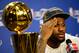 MIAMI, FL - JUNE 21: LeBron James #6 of the Miami Heat answers questions from the media next to the Larry O'Brien Finals Championship trophy during his post game press conference after they won 121-106 against the Oklahoma City Thunder in Game Five of the 2012 NBA Finals on June 21, 2012 at American Airlines Arena in Miami, Florida. NOTE TO USER: User expressly acknowledges and agrees that, by downloading and or using this photograph, User is consenting to the terms and conditions of the Getty Images License Agreement. (Photo by Ronald Martinez/Getty Images)