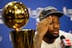 MIAMI, FL - JUNE 21: LeBron James #6 of the Miami Heat answers questions from the media next to the Larry O'Brien Finals Championship trophy during his post game press conference after they won 121-106 against the Oklahoma City Thunder in Game Five of the 2012 NBA Finals on June 21, 2012 at American Airlines Arena in Miami, Florida. NOTE TO USER: User expressly acknowledges and agrees that, by downloading and or using this photograph, User is consenting to the terms and conditions of the Getty Images License Agreement. (Photo by Ronald Martinez/Getty Images)
