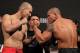 BELO HORIZONTE, BRAZIL - JUNE 22: (L-R) Opponents Thiago Perpetuo and Leonardo Mafra face off after making weight during the UFC 147 weigh in at Estádio Jornalista Felipe Drummond on June 22, 2012 in Belo Horizonte, Brazil. (Photo by Josh Hedges/Zuffa LLC/Zuffa LLC via Getty Images)