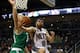 NEWARK, NJ - APRIL 14: Deron Williams #8 of the New Jersey Nets drives for a shot attempt in the second half against Greg Stiemsma #54 of the Boston Celtics at Prudential Center on April 14, 2012 in Newark, New Jersey. NOTE TO USER: User expressly acknowledges and agrees that, by downloading and or using this photograph, User is consenting to the terms and conditions of the Getty Images License Agreement. (Photo by Chris Chambers/Getty Images)