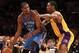 LOS ANGELES, CA - MAY 18: Kevin Durant #35 of the Oklahoma City Thunder drives against Metta World Peace #15 of the Los Angeles Lakers in Game Three of the Western Conference Semifinals in the 2012 NBA Playoffs on May at Staples Center on May 18, 2012 in Los Angeles, California. The Lakers won 99-96. NOTE TO USER: User expressly acknowledges and agrees that, by downloading and or using this photograph, User is consenting to the terms and conditions of the Getty Images License Agreement. (Photo by Stephen Dunn/Getty Images)