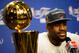 MIAMI, FL - JUNE 21: LeBron James #6 of the Miami Heat answers questions from the media next to the Larry O'Brien Finals Championship trophy during his post game press conference after they won 121-106 against the Oklahoma City Thunder in Game Five of the 2012 NBA Finals on June 21, 2012 at American Airlines Arena in Miami, Florida. NOTE TO USER: User expressly acknowledges and agrees that, by downloading and or using this photograph, User is consenting to the terms and conditions of the Getty Images License Agreement. (Photo by Ronald Martinez/Getty Images)