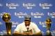 MIAMI, FL - JUNE 21: LeBron James #6 of the Miami Heat answers questions from the media next to the Larry O'Brien Finals Championship trophy and James' Bill Russell Finals MVP trophy during his post game press conference after they won 121-106 against the Oklahoma City Thunder in Game Five of the 2012 NBA Finals on June 21, 2012 at American Airlines Arena in Miami, Florida. NOTE TO USER: User expressly acknowledges and agrees that, by downloading and or using this photograph, User is consenting to the terms and conditions of the Getty Images License Agreement. (Photo by Ronald Martinez/Getty Images)