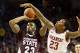 FAYETTEVILLE, AR - JANUARY 7: Julysses Nobles #23 of the Arkansas Razorbacks tries to block the shot of Arnett Moultrie #23 of the Mississippi State Bulldogs at Bud Walton Arena on January 7, 2012 in Fayetteville, Arkansas. (Photo by Wesley Hitt/Getty Images)