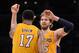 LOS ANGELES, CA - MAY 12: (R-L) Pau Gasol #16 hugs teammate Andrew Bynum #17 of the Los Angeles Lakers in the fourth quarter while taking on the Denver Nuggets in Game Seven of the Western Conference Quarterfinals in the 2012 NBA Playoffs on May 12, 2012 at Staples Center in Los Angeles, California. NOTE TO USER: User expressly acknowledges and agrees that, by downloading and or using this photograph, User is consenting to the terms and conditions of the Getty Images License Agreement. (Photo by Harry How/Getty Images)