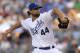 KANSAS CITY, MO - JUNE 14: Luke Hochevar #44 of the Kansas City Royals pitches during an interleague game against the Milwaukee Brewers in the first inning at Kauffman Stadium on June 14, 2012 in Kansas City, Missouri. (Photo by Ed Zurga/Getty Images)