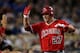 LOS ANGELES, CA - JUNE 11: Mike Trout #27 of the Los Angeles Angels of Anaheim celebrates as he returns to the dugout after hitting a solo home run in the fourth inning against the Los Angeles Dodgers on June 11, 2012 at Dodger Stadium in Los Angeles, California. (Photo by Stephen Dunn/Getty Images)