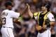 PITTSBURGH, PA - JUNE 21: James McDonald #53 of the Pittsburgh Pirates is congratulated by teammate Rod Barajas #26 following his first career complete game win against the Minnesota Twins during the game on June 21, 2012 at PNC Park in Pittsburgh, Pennsylvania. (Photo by Jared Wickerham/Getty Images)