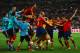 DONETSK, UKRAINE - JUNE 27: Spain players celebrate vicotry during the UEFA EURO 2012 semi final match between Portugal and Spain at Donbass Arena on June 27, 2012 in Donetsk, Ukraine. (Photo by Laurence Griffiths/Getty Images)