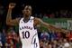 NEW ORLEANS, LA - MARCH 31: Tyshawn Taylor #10 of the Kansas Jayhawks reacts as the Jayhawks defeat the Ohio State Buckeyes 64-62 during the National Semifinal game of the 2012 NCAA Division I Men's Basketball Championship at the Mercedes-Benz Superdome on March 31, 2012 in New Orleans, Louisiana. (Photo by Jeff Gross/Getty Images)