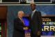 NEWARK, NJ - JUNE 28: Harrison Barnes (R) of North Carolina greets NBA Commissioner David Stern (L) after he was selected number seven overall by the Golden State Warriors during the first round of the 2012 NBA Draft at Prudential Center on June 28, 2012 in Newark, New Jersey. NOTE TO USER: User expressly acknowledges and agrees that, by downloading and/or using this Photograph, user is consenting to the terms and conditions of the Getty Images License Agreement. (Photo by Elsa/Getty Images)