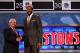 NEWARK, NJ - JUNE 28: Andre Drummond (R) of the Connecticut Huskies greets NBA Commissioner David Stern (L) after he was selected number nine overall by the Detroit Pistons during the first round of the 2012 NBA Draft at Prudential Center on June 28, 2012 in Newark, New Jersey. NOTE TO USER: User expressly acknowledges and agrees that, by downloading and/or using this Photograph, user is consenting to the terms and conditions of the Getty Images License Agreement. (Photo by Elsa/Getty Images)