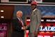 NEWARK, NJ - JUNE 28: Moe Harkless (R) of St. John's Red Storm greets NBA Commissioner David Stern (L) after he was selected number fifteen overall by the Philadelphia 76ers during the first round of the 2012 NBA Draft at Prudential Center on June 28, 2012 in Newark, New Jersey. NOTE TO USER: User expressly acknowledges and agrees that, by downloading and/or using this Photograph, user is consenting to the terms and conditions of the Getty Images License Agreement. (Photo by Elsa/Getty Images)