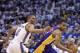 OKLAHOMA CITY, OK - MAY 16: Ramon Sessions #7 of the Los Angeles Lakers drives inside on Russell Westbrook #0 of the Oklahoma City Thunder in Game Two of the Western Conference Semifinals during the 2012 NBA Playoffs on May 16, 2012 at the Chesapeake Energy Arena in Oklahoma City, Oklahoma. The Thunder beat the Lakers 77-75. NOTE TO USER: User expressly acknowledges and agrees that, by downloading and or using the photograph, User is consenting to the terms and conditions of the Getty Images License Agreement. (Photo by Brett Deering/Getty Images)