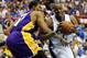 ORLANDO, FL - JUNE 14: Dwight Howard #12 of the Orlando Magic drives on Andrew Bynum #17 of the Los Angeles Lakers in the third quarter of Game Five of the 2009 NBA Finals on June 14, 2009 at Amway Arena in Orlando, Florida. NOTE TO USER: User expressly acknowledges and agrees that, by downloading and or using this photograph, User is consenting to the terms and conditions of the Getty Images License Agreement. (Photo by Ronald Martinez/Getty Images)