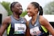 EUGENE, OR - JUNE 30: (L-R) Jeneba Tarmoh and Allyson Felix hug following the Women's 200 Meter Dash Final on day nine of the U.S. Olympic Track & Field Team Trials at the Hayward Field on June 30, 2012 in Eugene, Oregon. (Photo by Christian Petersen/Getty Images)