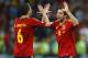 DONETSK, UKRAINE - JUNE 27: Andres Iniesta and Jordi Alba of Spain celebrate during the UEFA EURO 2012 semi final match between Portugal and Spain at Donbass Arena on June 27, 2012 in Donetsk, Ukraine. (Photo by Laurence Griffiths/Getty Images)